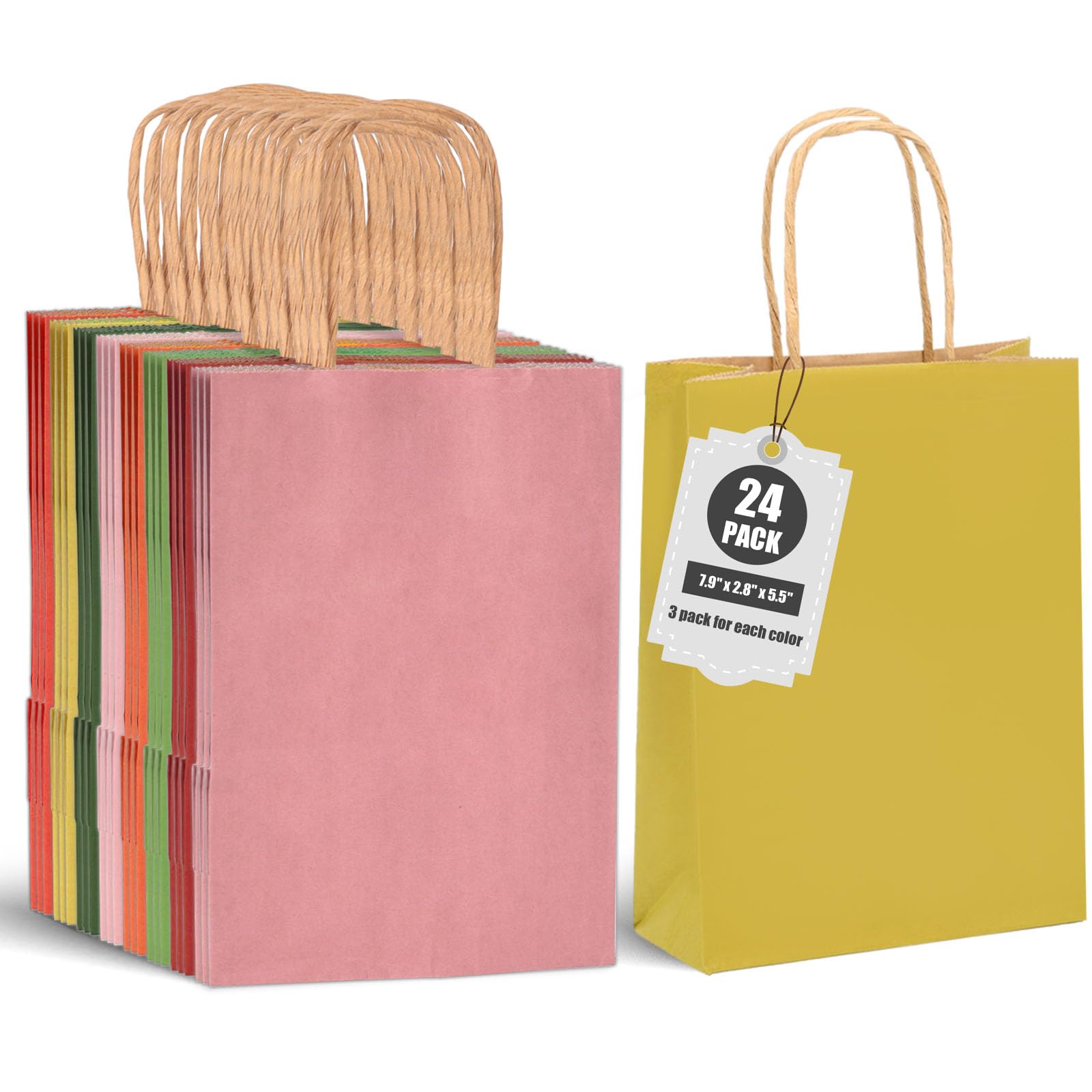 Shindel 24PCS Gift Bags with Handles, Paper Bags Kraft Bags Warm Morandi Colors Paper Bags for Wedding Birthday Party Supplies and Gifts