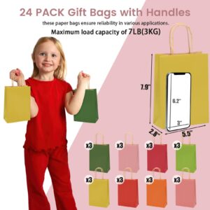 Shindel 24PCS Gift Bags with Handles, Paper Bags Kraft Bags Warm Morandi Colors Paper Bags for Wedding Birthday Party Supplies and Gifts