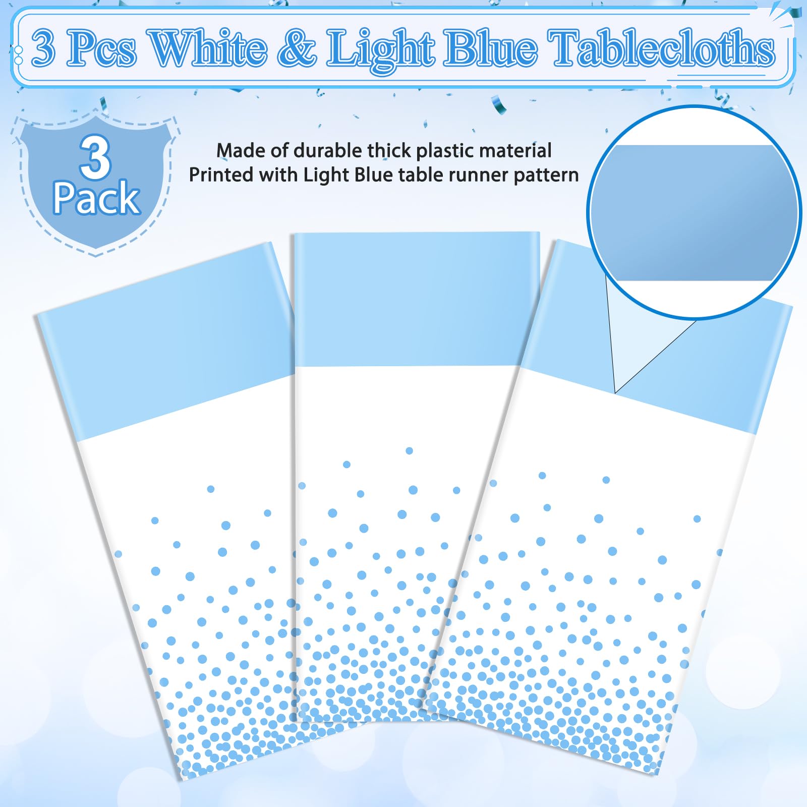 3Pcs White and Light Blue Tablecloth Party Decorations,Plastic White Table Cloth Printed Baby Blue Table Runner Disposable Rectangle Table Cover for Birthday Baby Shower Wedding Party,54 x108 Inch