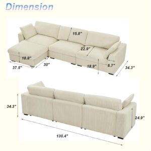 HOLYFIND 130" Oversized Sectional Sofa,L Shaped Couch for Living Room,Modern Corduroy Modular Sofa,Deep 4 Seat Sofa Sleeper with Moveable Ottoman and Two Pillows (Beige, L Shape Sofa)