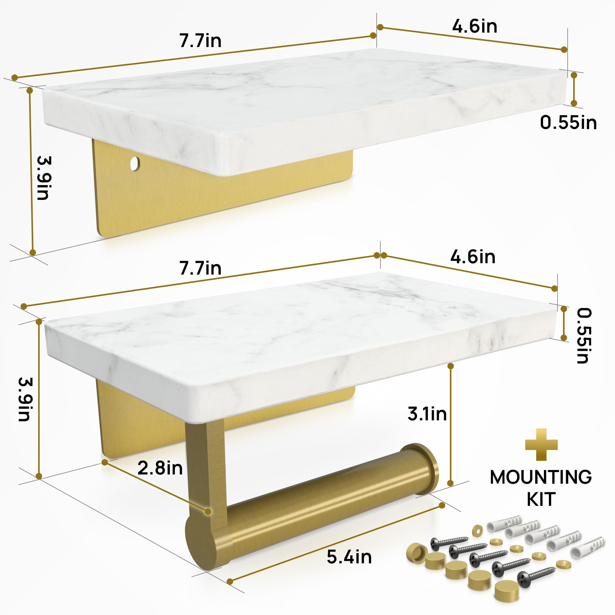 Double SHELVE Toilet Paper Holder with Natural Marble Shelf, Screw Wall Mounted, Tissue Roll Holder for Bathroom Gold