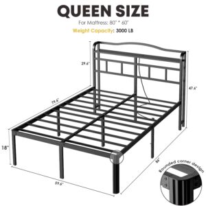 YORMDMO Queen Bed Frame - Storage Headboard with Charging Station, Easy Assembly, Heavy Duty Metal Bed Frame, No Box Spring Needed, 18 Inch, Black