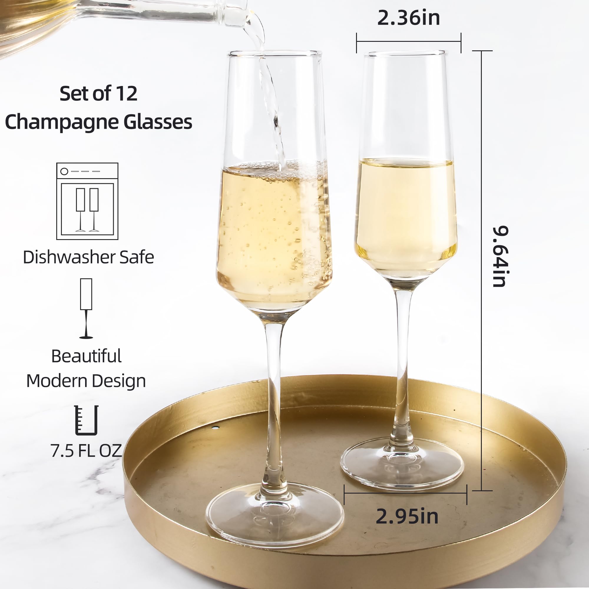 Champagne Glasses Set of 12, Elegant Champagne Flutes, Modern Sparkling Wine Glasses for Home Bar, Wedding, Anniversary, 7.5 oz, Clear