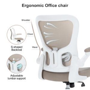 TOPBSHODC Office Chair, Ergonomic Desk Chair with Flip-up Armrests, PU Leather Computer Chair with Lumbar Support, Home Office Desk Chairs with Thickened Cushion, Swivel Mesh Task Chair, Khaki