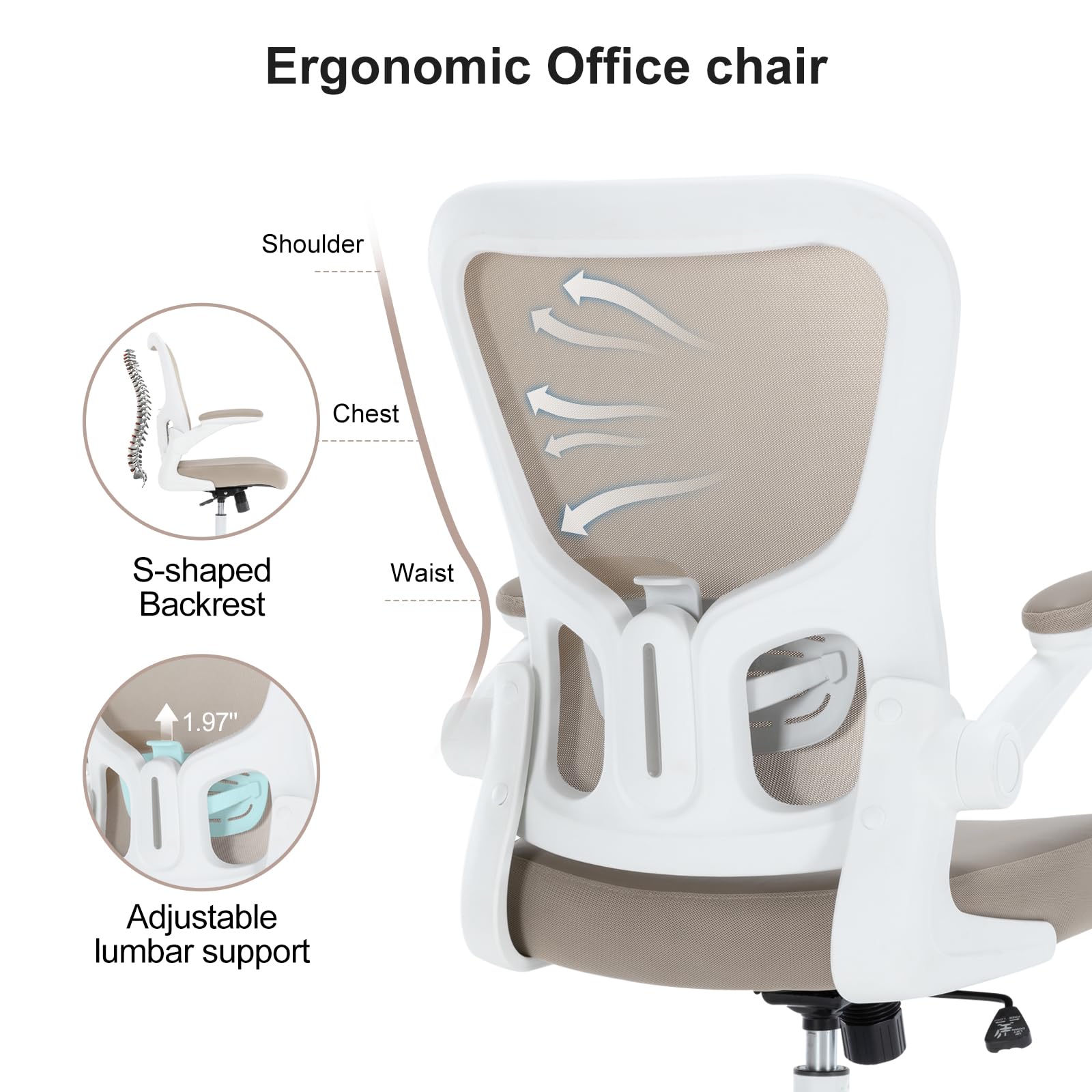 TOPBSHODC Office Chair, Ergonomic Desk Chair with Flip-up Armrests, PU Leather Computer Chair with Lumbar Support, Home Office Desk Chairs with Thickened Cushion, Swivel Mesh Task Chair, Khaki