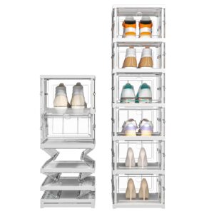 shoe box organizer 6-tier- no-assembly, one-piece design, magnetic clear doors, compact foldable & space-saving, ideal for sneaker display & everyday footwear, dimensions 11.3"x15"x45.7" - clear white