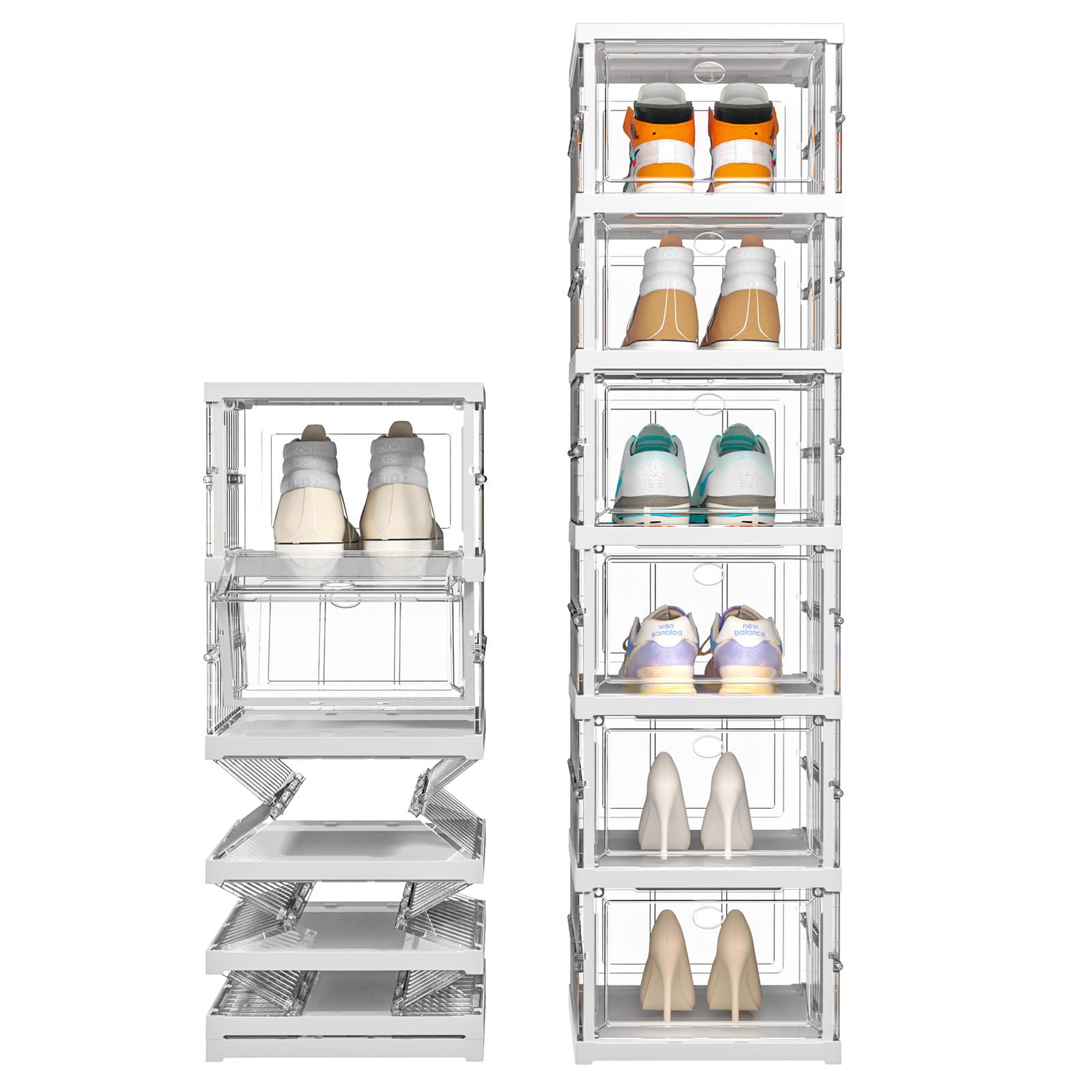 Shoe Box Organizer 6-Tier- No-Assembly, One-Piece Design, Magnetic Clear Doors, Compact Foldable & Space-Saving, Ideal for Sneaker Display & Everyday Footwear, Dimensions 11.3"x15"x45.7" - Clear White