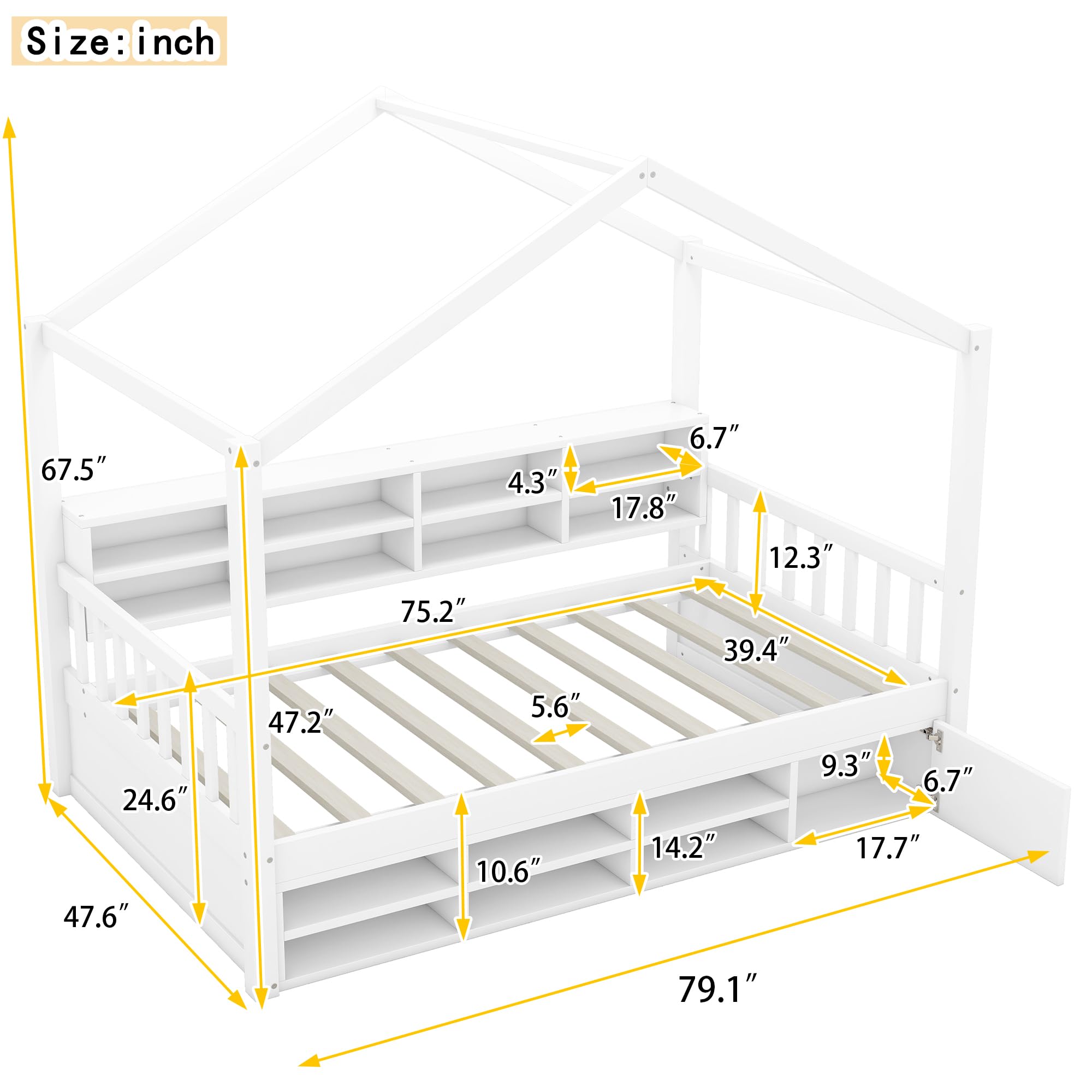 VilroCaz Twin Size House Bed with Shelves and a Mini-Cabinet, Wood Kids Platform Bed Frame with Sturdy Slats Support, Playhouse Design Daybed for Kids Teens Girls Boys (White-3tw)