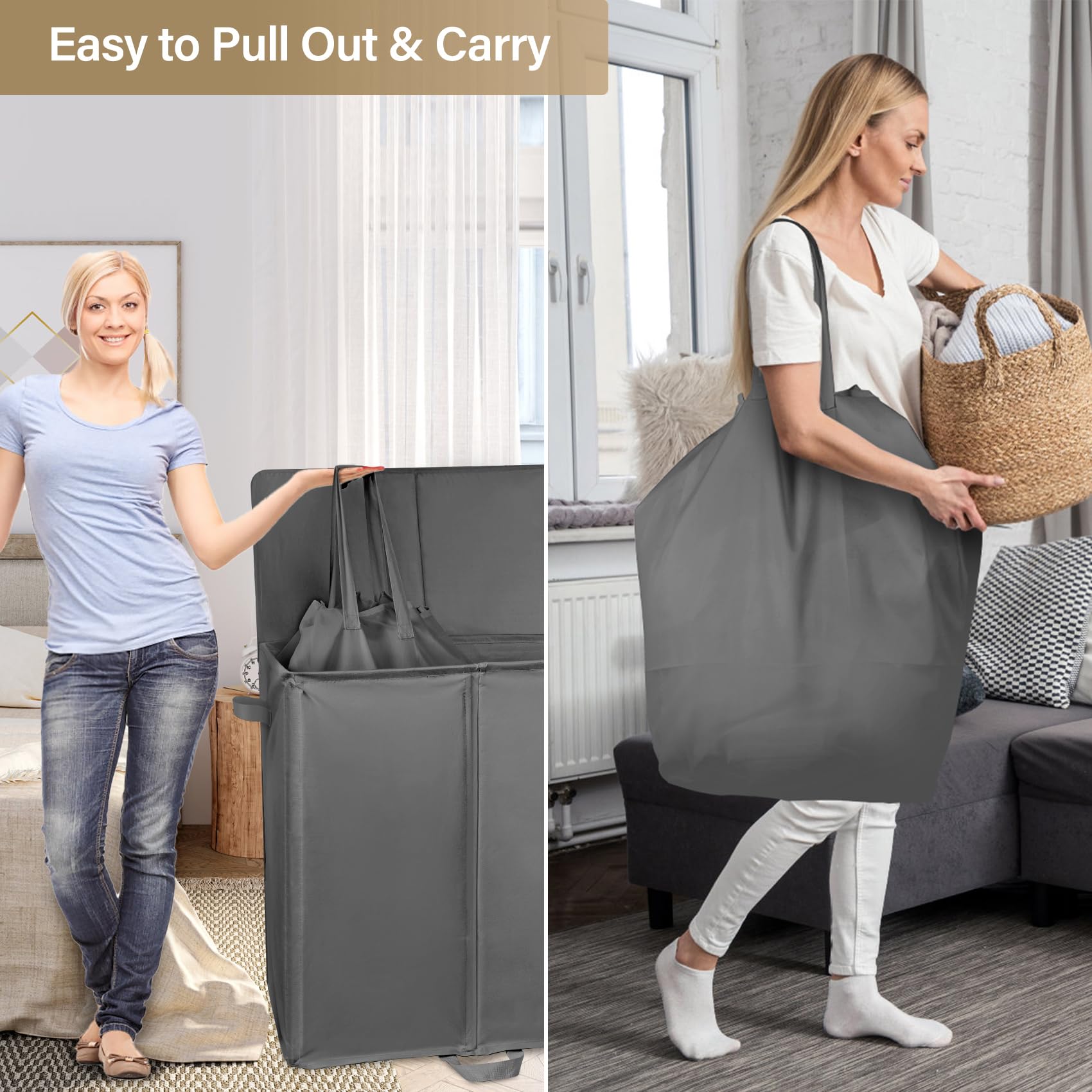 Double Laundry Hamper with Lid and 4 Removable Laundry Bags, Collapsible Laundry Hamper 2 Section Dirty Clothes Hamper with Handles for Laundry, Bedroom, Bathroom, Dorm, Grey