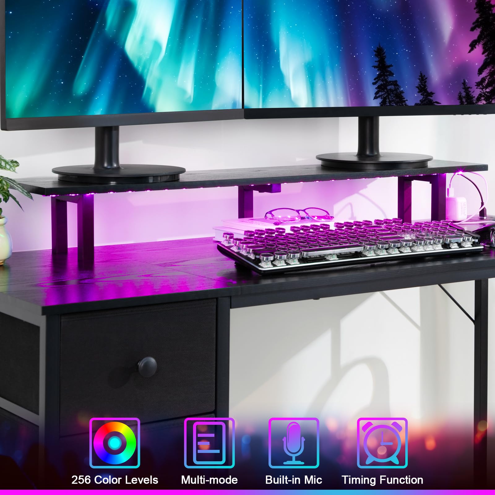 LOAKEKEL 55 Inch Desk with Drawers, Gaming Desk with LED Light & Power Outlets, Black Computer Desk with Monitor Stand, Writing Desk with Headphone Hook for Home Office, Bedroom, HGD14BK