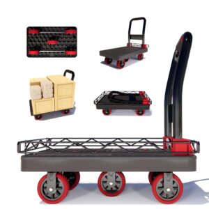 2in1 heavy duty platform trucks flatbed carts, 42×26in 2000lbs capacity push cart dolly hand trucks w/detachable solid steel wire fence, collapsible cage cart dolly, 5-inch silent tpr wheels