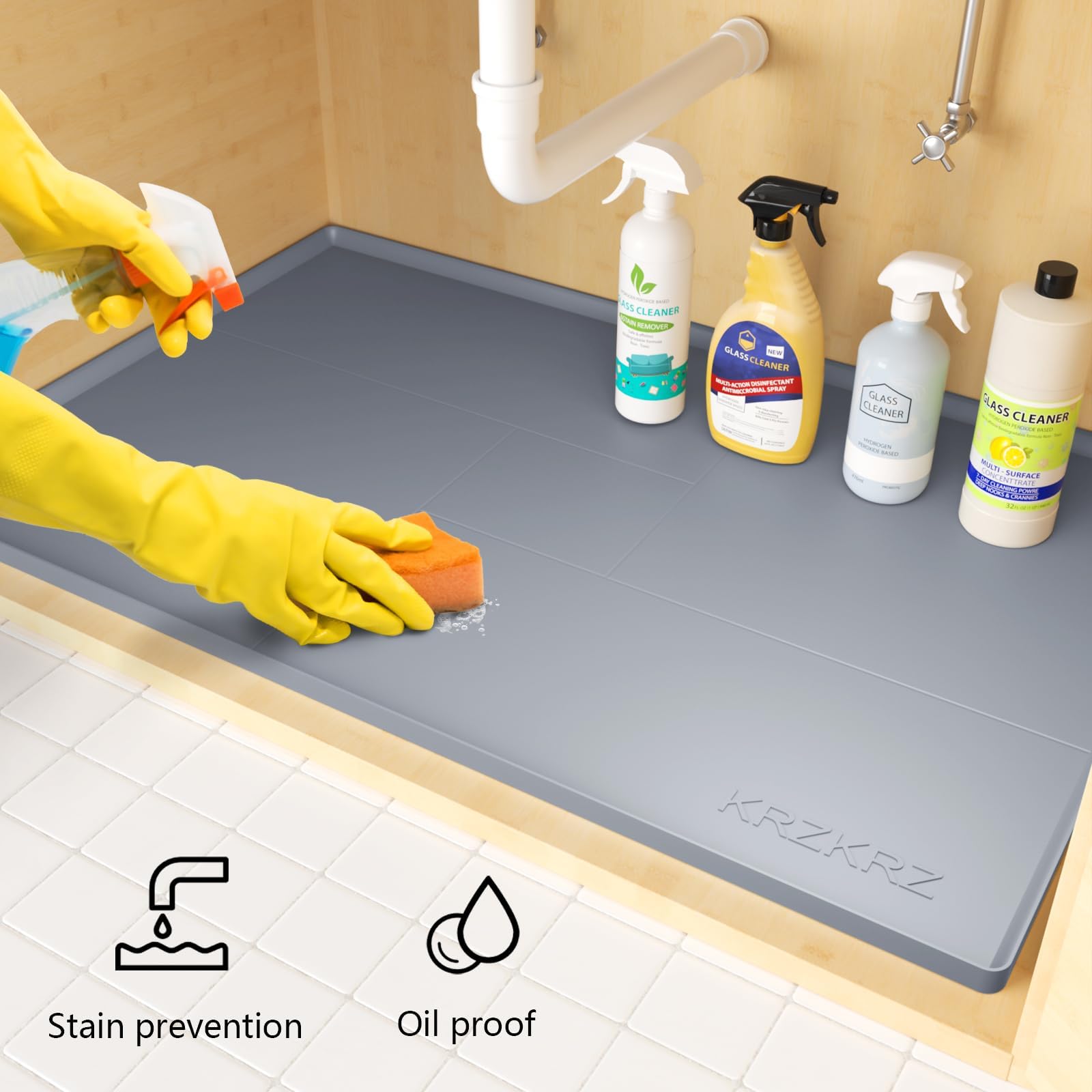 KRZKRZ Under Sink Mat 34x22,Multi-role Under the Sink Mat,Under Sink Mats for Kitchen Waterproof ,Thick Silicone Under Kitchen Sink Mat ,Grey Under Sink Tray can Store and Protect Bathroom,Cabinet.