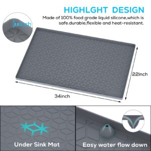 Under Sink Mat for Kitchen, Silicone Waterproof Liner, Flexible Organizer Tray with Drain Hole, 3.3 Gallons Capacity, Easy to Clean (Gray, 34x22)