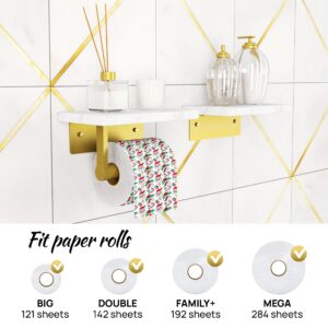 Double SHELVE Toilet Paper Holder with Natural Marble Shelf, Screw Wall Mounted, Tissue Roll Holder for Bathroom Gold