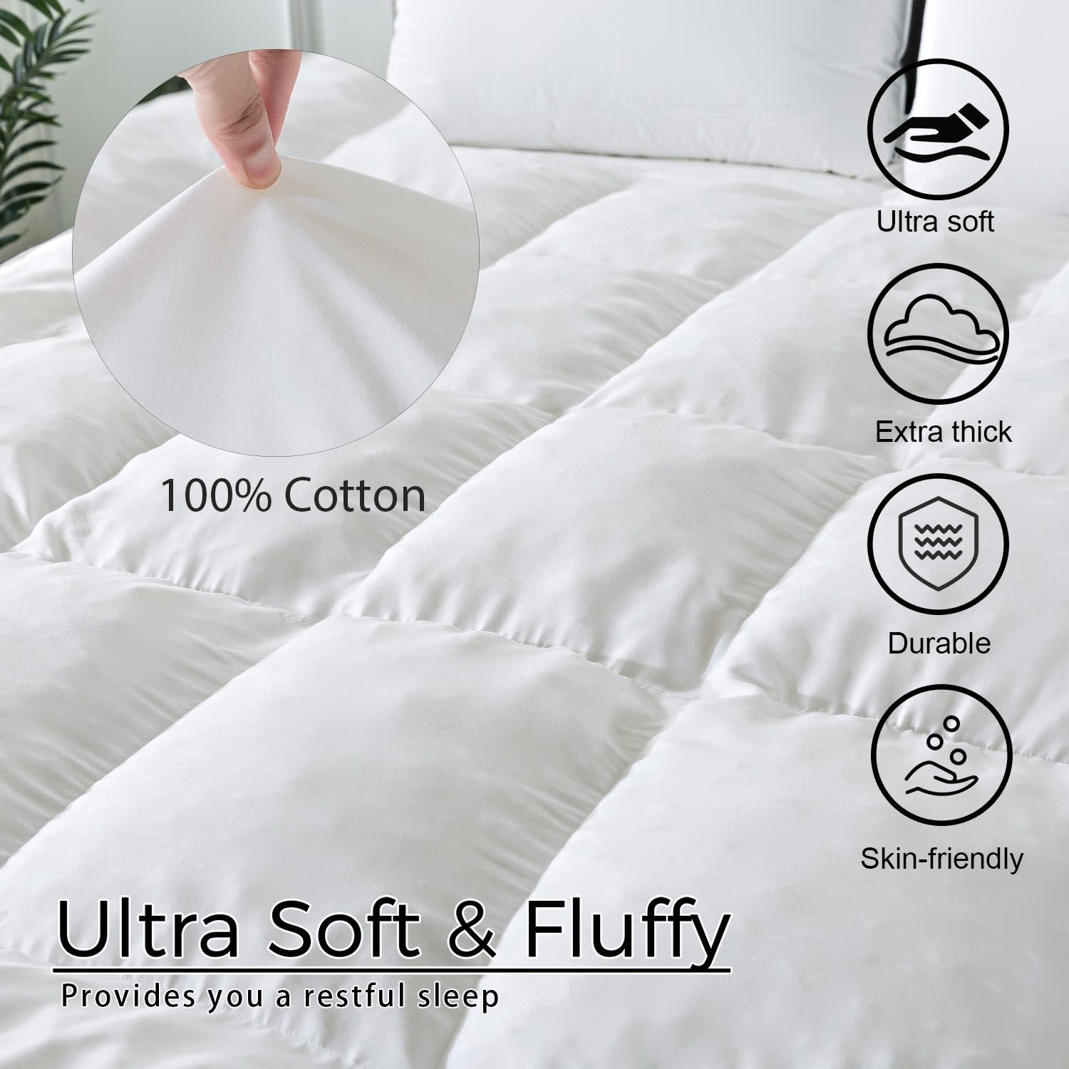 WhatsBedding 5 Inch Memory Foam Mattress Topper Queen Size, 100% Cotton Cover Breathable Fluffy Shredded Memory Foam Filled Pillow Top, Anti-Slip Bottom, 4 Anchor Elastic Bands, 80x60x5 Inch