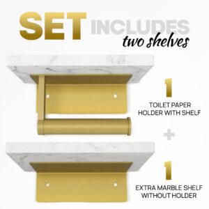 Double SHELVE Toilet Paper Holder with Natural Marble Shelf, Screw Wall Mounted, Tissue Roll Holder for Bathroom Gold