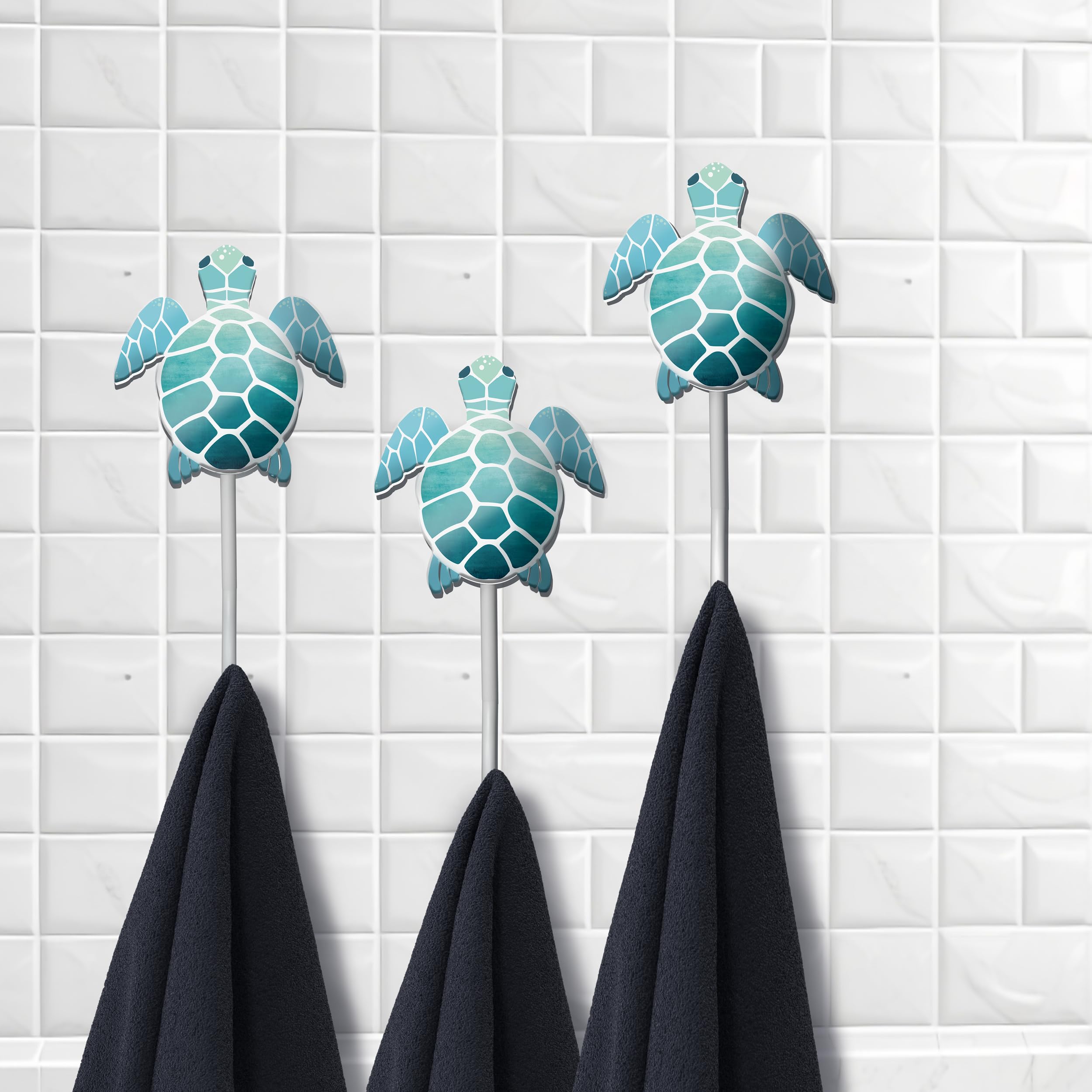 Tumbler Home Sea Turtle Wall Hooks, Set of 3 Bathroom Hooks, Nautical Bathroom Décor