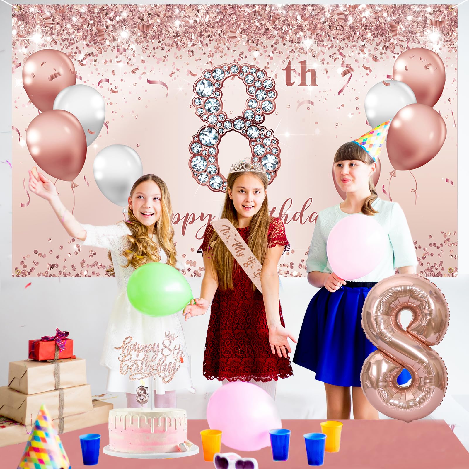 Trgowaul 8th Birthday Decorations Party Set for girls, Rose Gold 8 Birthday Banner and Tablecloth, 8 & Fabulous Sash and Tiara, 1PC Happy 8th Birthday Cake Topper, Pink Gold 8 Number Balloons