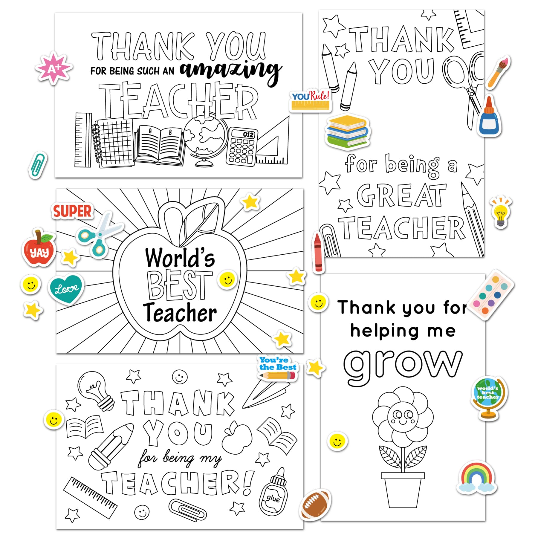 Gooji 4x6 Kids Teacher Appreciation Cards Teacher Thank You Cards with Stickers for Coloring and Fun DIY Project School Classroom Gift Elementary Kindergarten Preschool 10 Pack