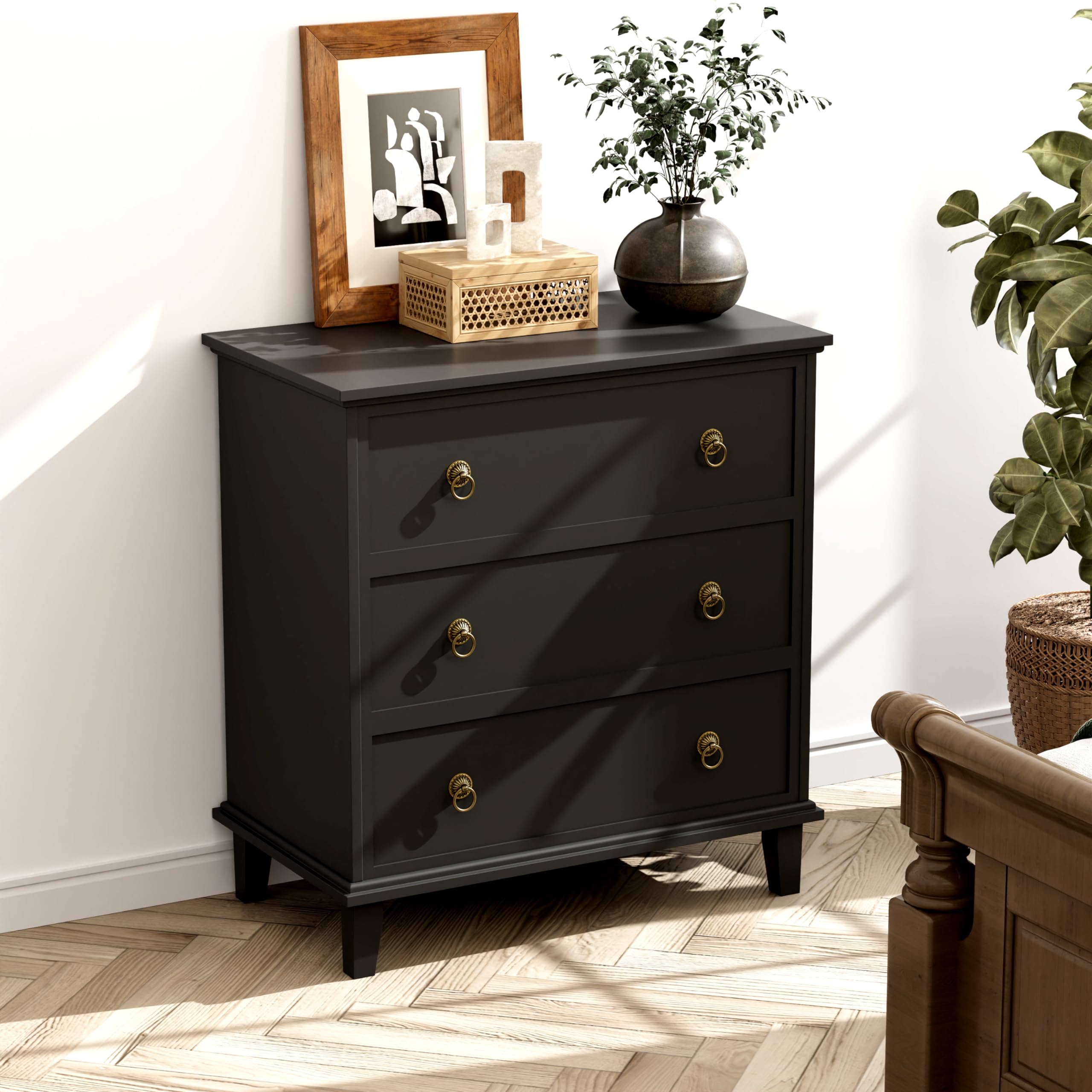 COWMOU Large Black Nightstand with Charging Station, 3 Drawers Nightstand 29.8" X 27.6", Farmhouse Bedside Table Nightstand with 3 Drawer for Bedroom, Hallway, Entryway