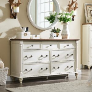 t4tream farmhouse 7 drawers dresser chests for bedroom w/ 4 solid wood feet & column decor, tall wide wood country rustic chest of drawers, storage dressers for bedroom, living room, antique white