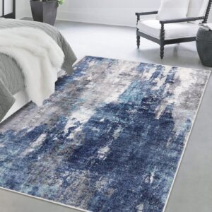 Uphome 5x7 Living Room Rug, Modern Washable Rug for Bedroom, Abstract Soft Non-Slip Dining Room Rug, Blue Aesthetic Foldable Indoor Carpet for Nursery Kitchen Playroom