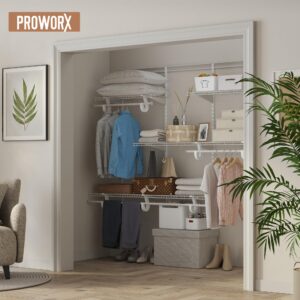 PROWORX 4-6 Ft Closet Organizer System, Adjustable Metal Wire White Closet System, Expandable Walk in Closet Organizers and Storage System, Closet Shelves with Hanging Rods