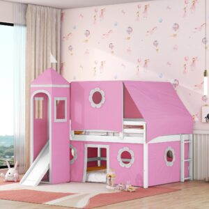 Harper & Bright Designs House Loft Bed with Slide and Tent, Full Size Loft Bunk Bed with Tower and Ladders, Wood Bunk Bed with Slide, Playhouse Bed Frame for Kids, Teens, Boys & Girls (Full, Pink)