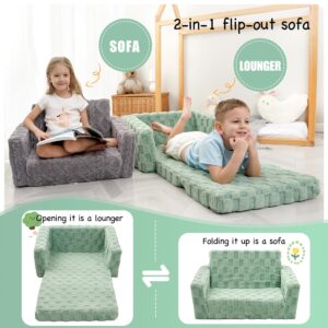 MallSingel Kids Sofa, Toddler Chair, 2-in-1 Flannel Kids Fold Out Couch, Toddler Convertible Sofa to Lounger, Flip Open Toddler Couch for Kids(White) (Green)