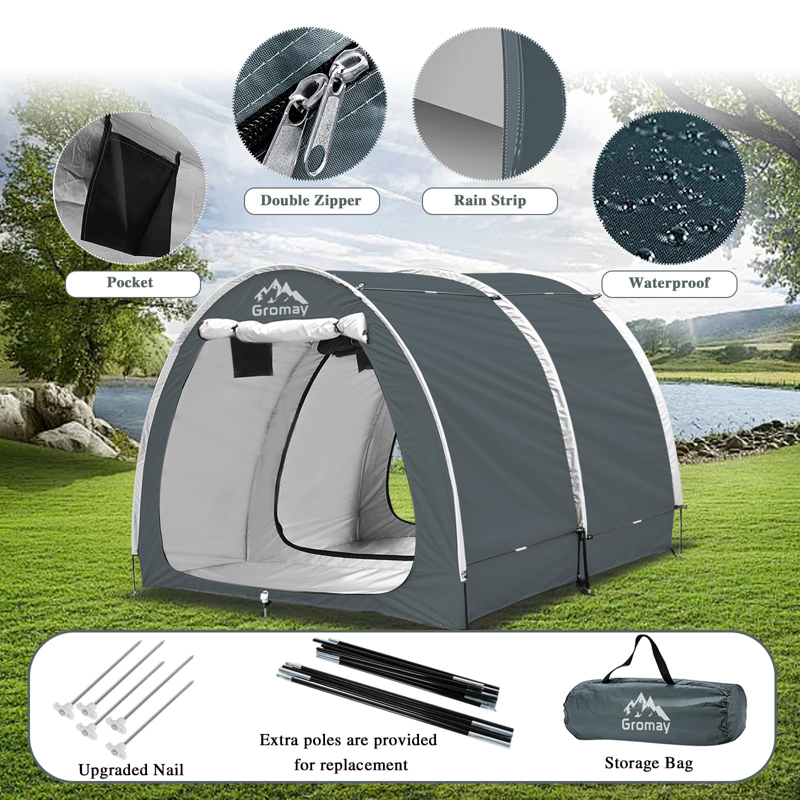 Gromay Outdoor Bike Storage Shed Tent, 10x7.3FT Large 2 in 1 Bicycle Cover Double Doors Portable Motorcycle Tent PU4000 Waterproof 3 Layers Silver Coated Oxford Cover Foldable Garden Tools Shelter