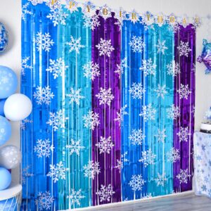 bupelo frozen birthday party decorations, 2 pack frozen birthday party supplies 3.3x6.6ft tinsel foil fringe curtains, winter photo booth prop backdrop streamer, snowflake birthday party decor