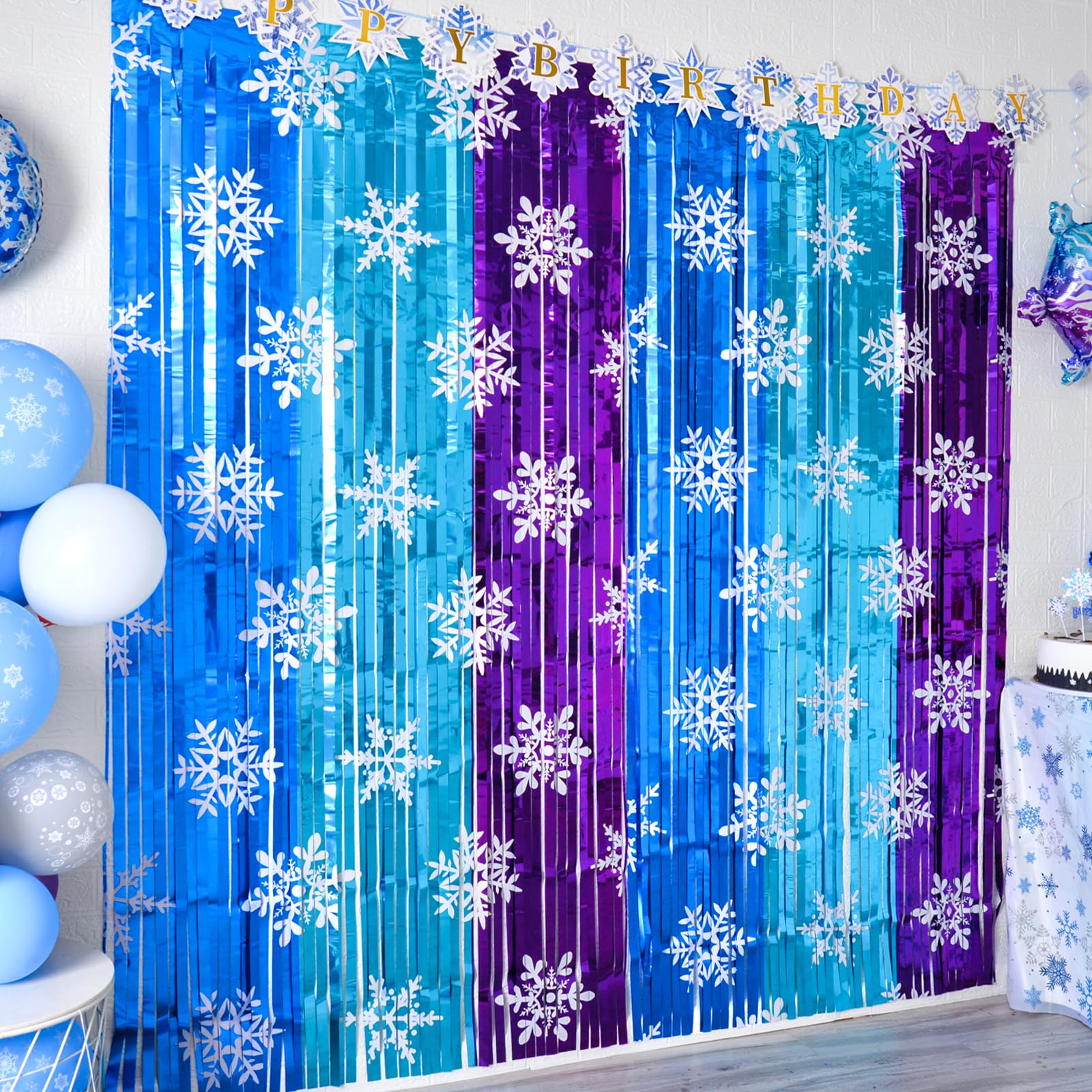 Bupelo Frozen Birthday Party Decorations, 2 Pack Frozen Birthday Party Supplies 3.3x6.6ft Tinsel Foil Fringe Curtains, Winter Photo Booth Prop Backdrop Streamer, Snowflake Birthday Party Decor