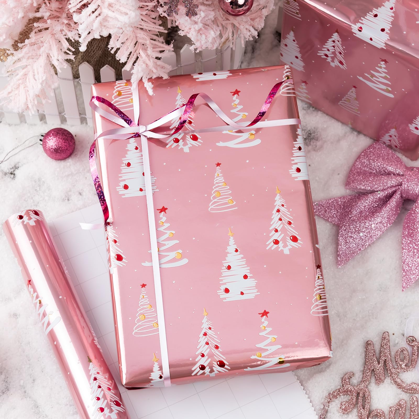 Burymento Christmas Wrapping Paper Roll, Pink Gift Wrap Paper with Grid Lines for Christmas，Metallic Foil Shiny Wrapping Paper - 17 Inches x 32.8 Feet 1 Roll Christmas Trees