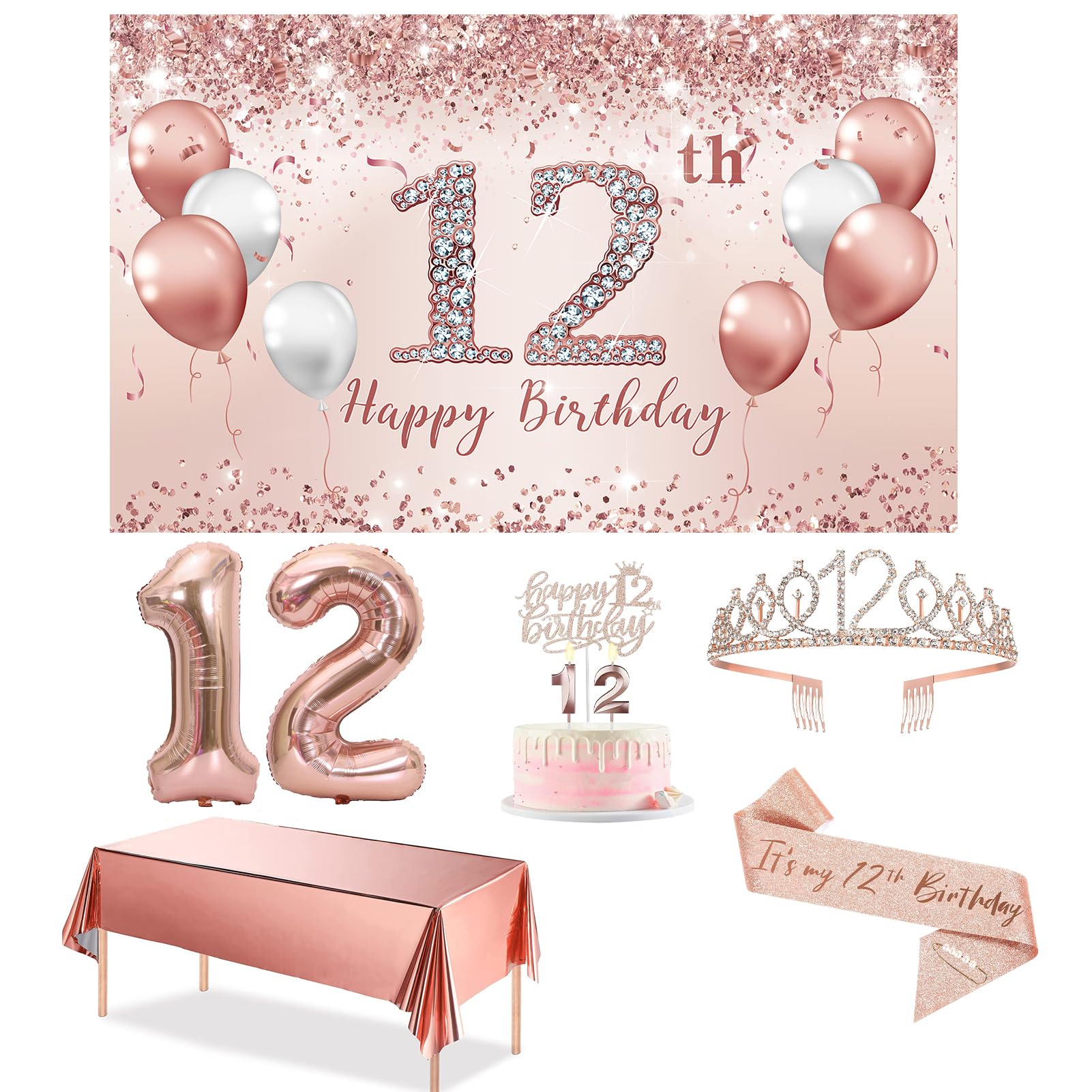 Trgowaul 12th Birthday Decorations Party Set for girls, Rose Gold 12 Birthday Banner and Tablecloth, 12& Fabulous Sash and Tiara, 1PC Happy 12th Birthday Cake Topper, Pink Gold 12 Number Balloons