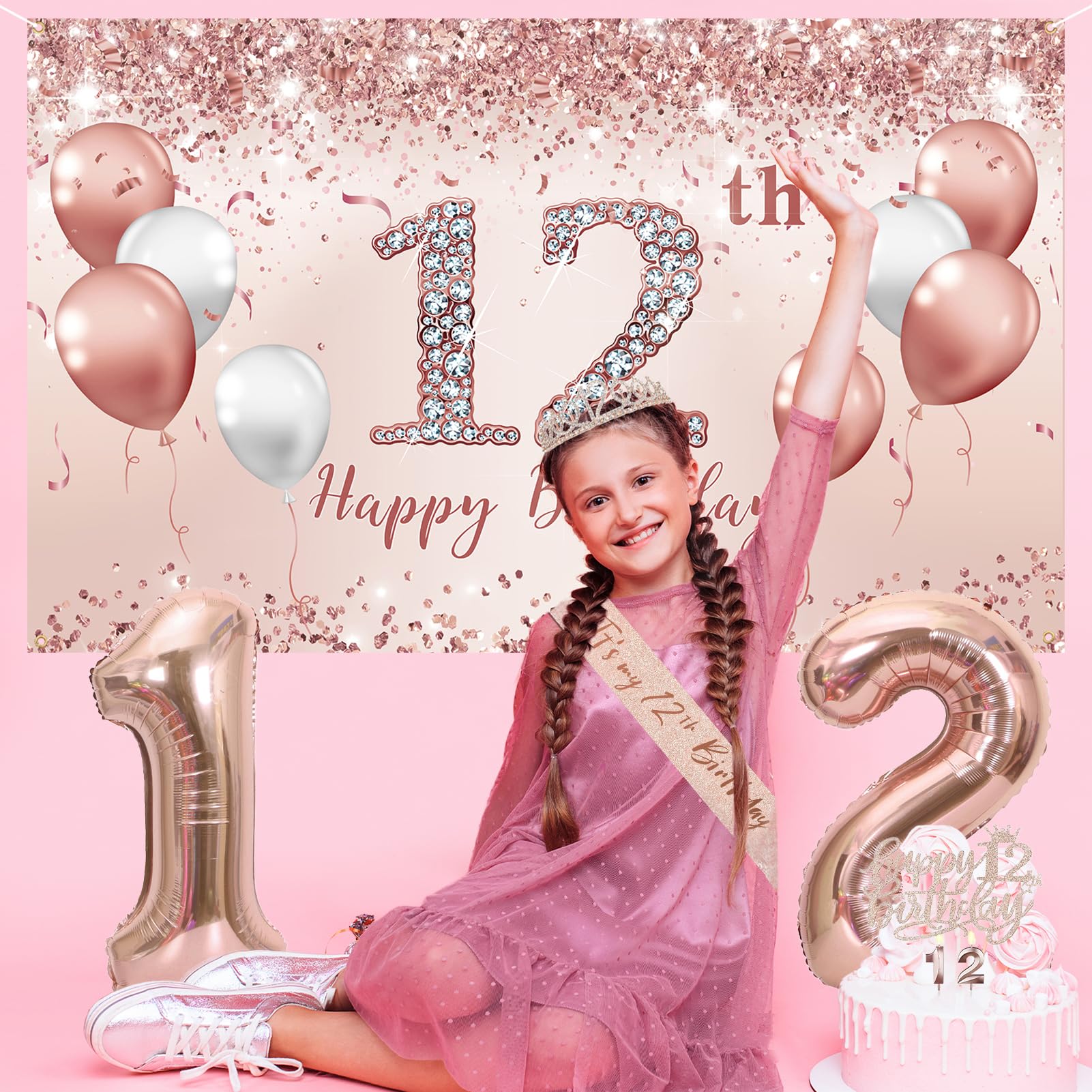 Trgowaul 12th Birthday Decorations Party Set for girls, Rose Gold 12 Birthday Banner and Tablecloth, 12& Fabulous Sash and Tiara, 1PC Happy 12th Birthday Cake Topper, Pink Gold 12 Number Balloons