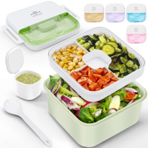 bento lunch box for adults kids, 1100 ml bento box container with 2 floors 3 compartments, leak-proof sauce container, spork, ideal salad container for lunch for school, office, travel, green