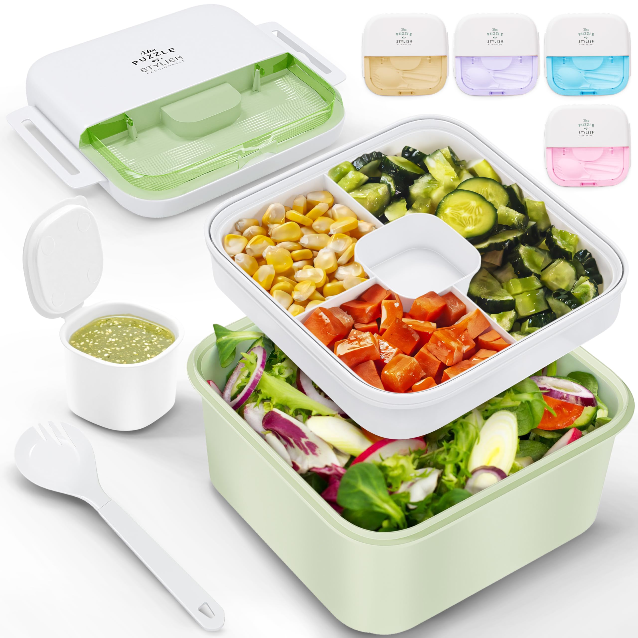 Bento Lunch Box For Adults Kids, 1100 Ml Bento Box Container With 2 Floors 3 Compartments, Leak-proof Sauce Container, Spork, Ideal Salad Container For Lunch For School, Office, Travel, Green