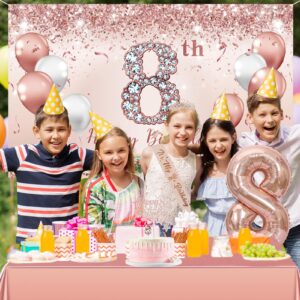 Trgowaul 8th Birthday Decorations Party Set for girls, Rose Gold 8 Birthday Banner and Tablecloth, 8 & Fabulous Sash and Tiara, 1PC Happy 8th Birthday Cake Topper, Pink Gold 8 Number Balloons