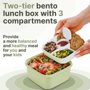 Bento Lunch Box For Adults Kids, 1100 Ml Bento Box Container With 2 Floors 3 Compartments, Leak-proof Sauce Container, Spork, Ideal Salad Container For Lunch For School, Office, Travel, Green