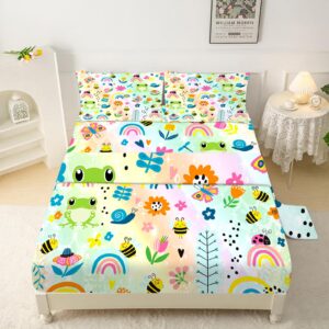 FUYEUN Rainbow Frogs Fitted Sheet Sets,Cartoon Floral Kids Bedding Twin Size for Girls Teens Adults Bedroom Bed, Kawaii Sheets Bedspread Set,1 Flat Sheet 1 Fitted Sheet 1 Pillowcase