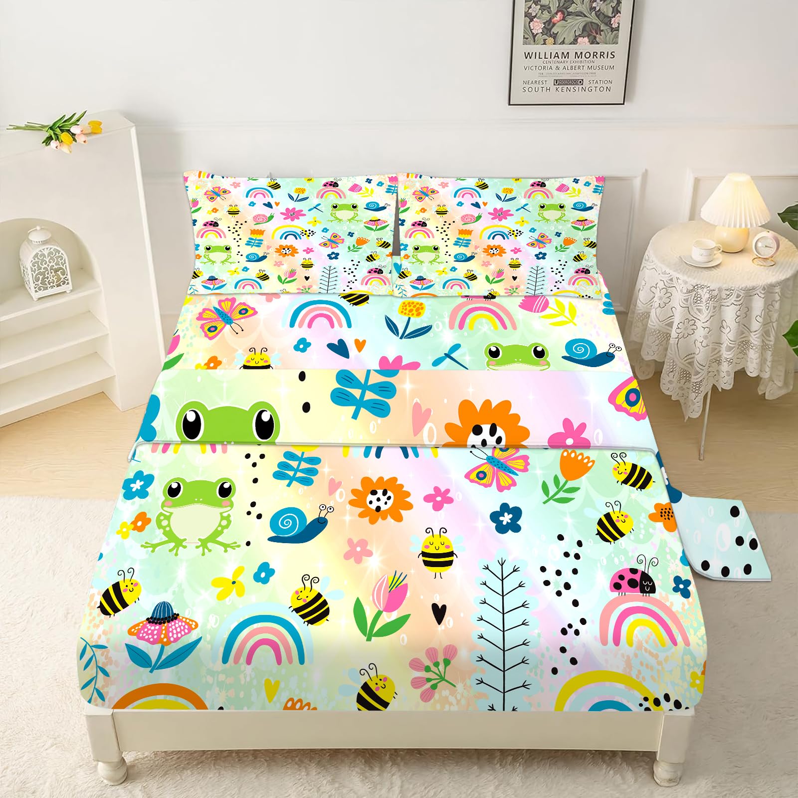 FUYEUN Rainbow Frogs Fitted Sheet Sets,Cartoon Floral Kids Bedding Twin Size for Girls Teens Adults Bedroom Bed, Kawaii Sheets Bedspread Set,1 Flat Sheet 1 Fitted Sheet 1 Pillowcase