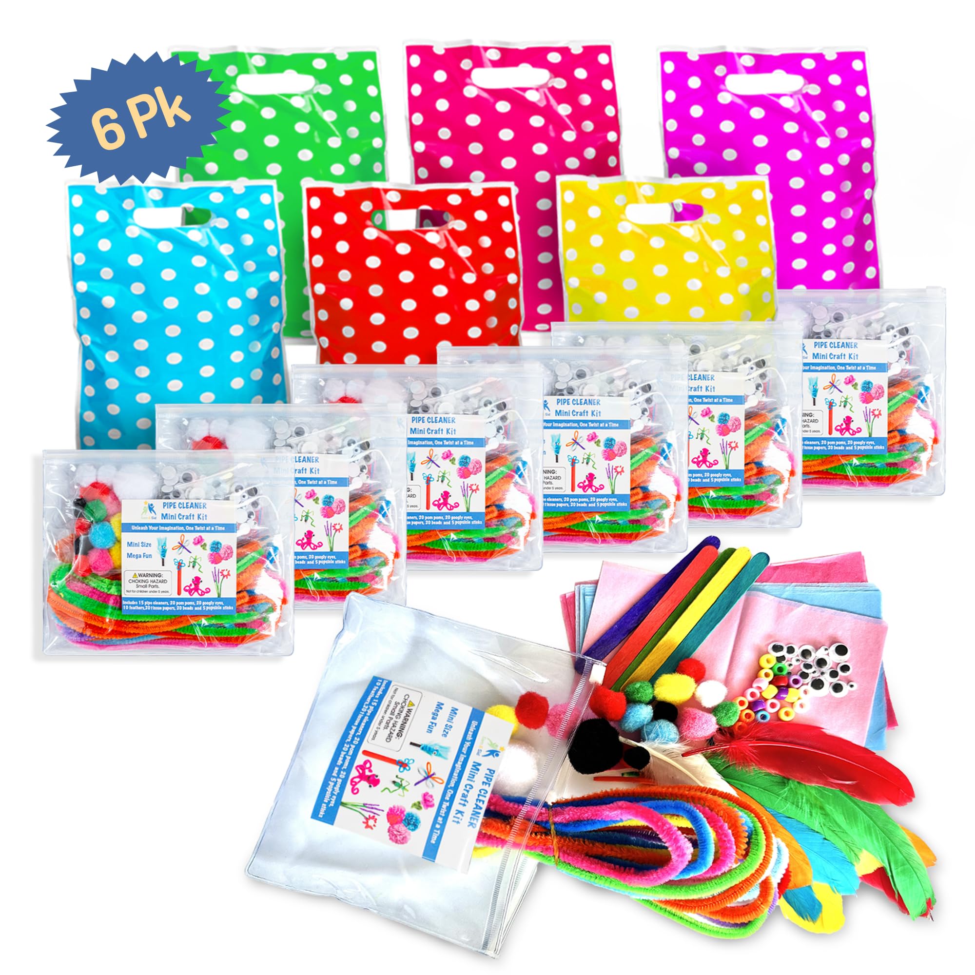 Sam & Sid 6 Pack (600+ Craft Items) Prefilled Birthday Party Favors for Kids Ages 5-12, Sensible Arts & Crafts Favors, Premade Goodie Bags, Mini Individual Craft Kits, Student Graduation Gifts