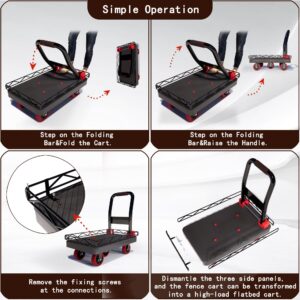 2IN1 Heavy Duty Platform Trucks Flatbed Carts, 42×26In 2000lbs Capacity Push Cart Dolly Hand Trucks w/Detachable Solid Steel Wire Fence, Collapsible Cage Cart Dolly, 5-Inch Silent TPR Wheels