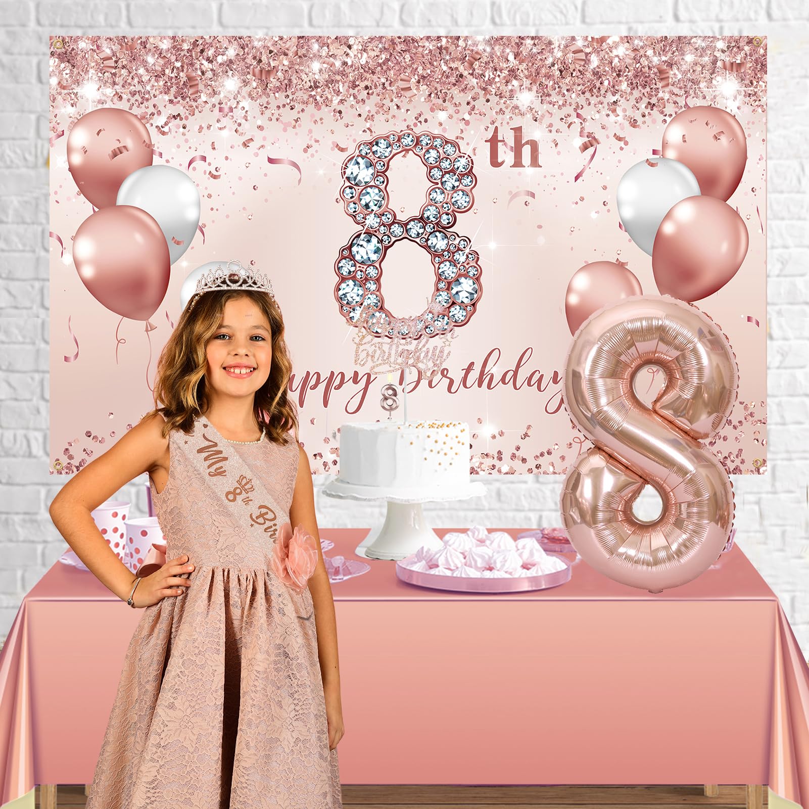 Trgowaul 8th Birthday Decorations Party Set for girls, Rose Gold 8 Birthday Banner and Tablecloth, 8 & Fabulous Sash and Tiara, 1PC Happy 8th Birthday Cake Topper, Pink Gold 8 Number Balloons