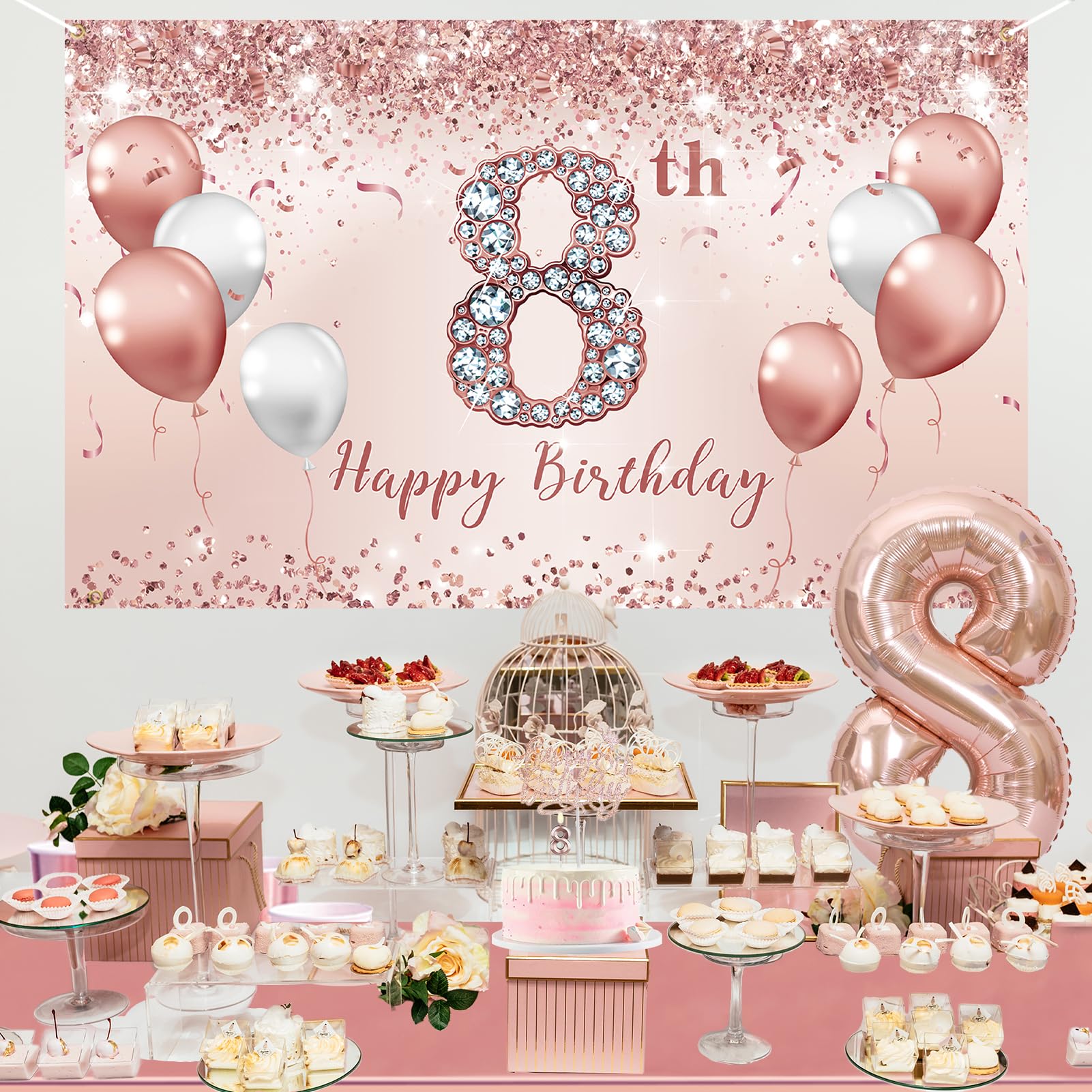 Trgowaul 8th Birthday Decorations Party Set for girls, Rose Gold 8 Birthday Banner and Tablecloth, 8 & Fabulous Sash and Tiara, 1PC Happy 8th Birthday Cake Topper, Pink Gold 8 Number Balloons