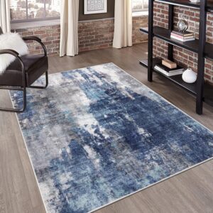 Uphome 5x7 Living Room Rug, Modern Washable Rug for Bedroom, Abstract Soft Non-Slip Dining Room Rug, Blue Aesthetic Foldable Indoor Carpet for Nursery Kitchen Playroom