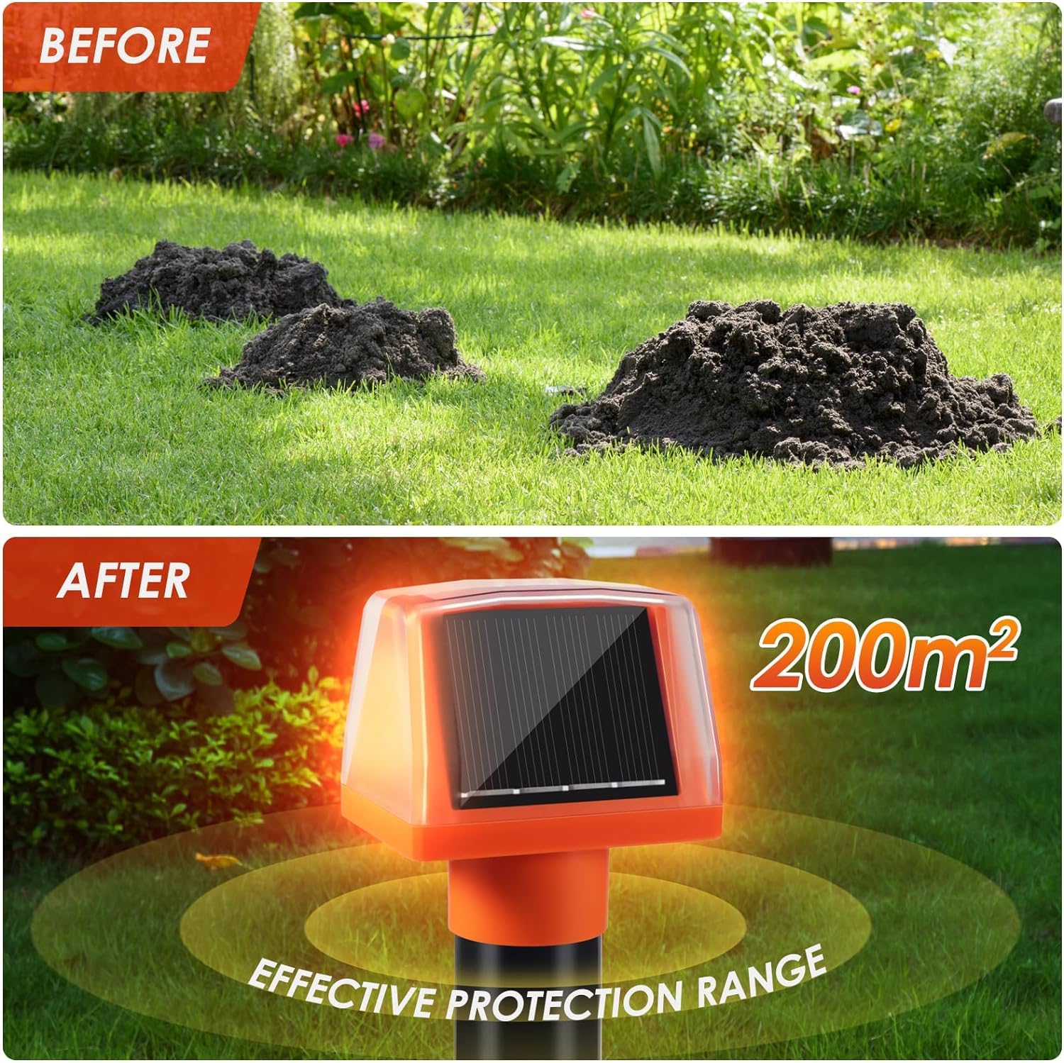 2024 Solar Mole Repellent Stakes, 4 Pack Ultrasonic Animal Repellent Outdoor with Flash Light for Mole Groundhog Vole Gopher Snake Armadillo, Waterproof Sonic Burrowing Mole Deterrent for Lawn Yard