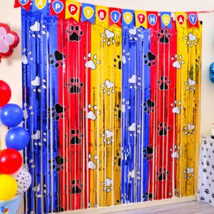 bupelo paw birthday decorations, 2 pack gold red and blue paw birthday party supplies 3.3 x 6.6ft tinsel foil fringe curtains photo booth props backdrop streamers, house doorway room decor for kids