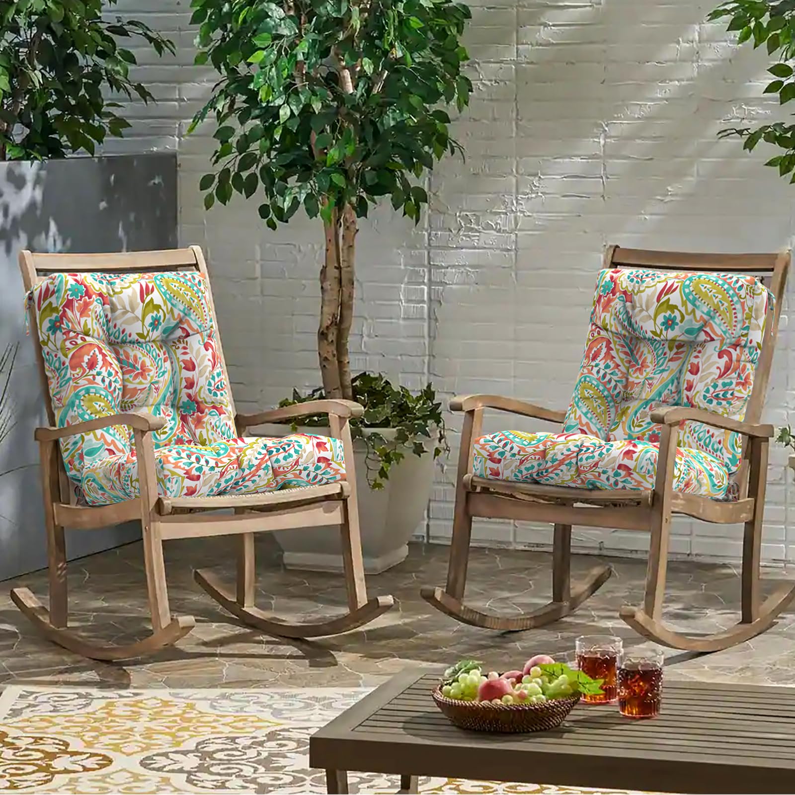 Melody Elephant Outdoor Chair Cushions, Tufted Back Patio Furniture Cushions Set of 2, Water Repellent Wicker High Back Chair Cushion for Home Garden, 42x21x4 Inch, Pretty Paisley