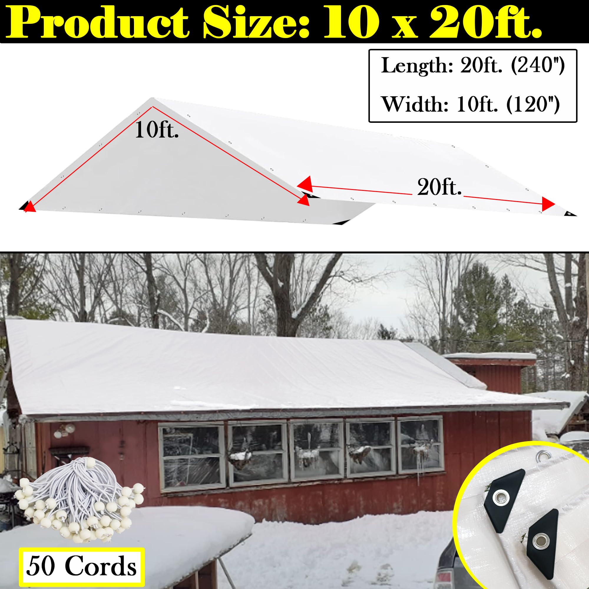 VOELIGT 10x20 16mil Carport Replacement Cover 50 Ball Bungee Cords Canopy Protective Cover Waterproof UV Resistant White Tarp Top Cover ONLY